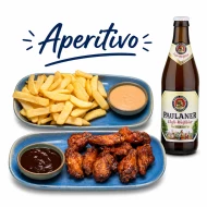 Krahë pule BBQ, patate të skuqura dhe Paulaner Weissbier